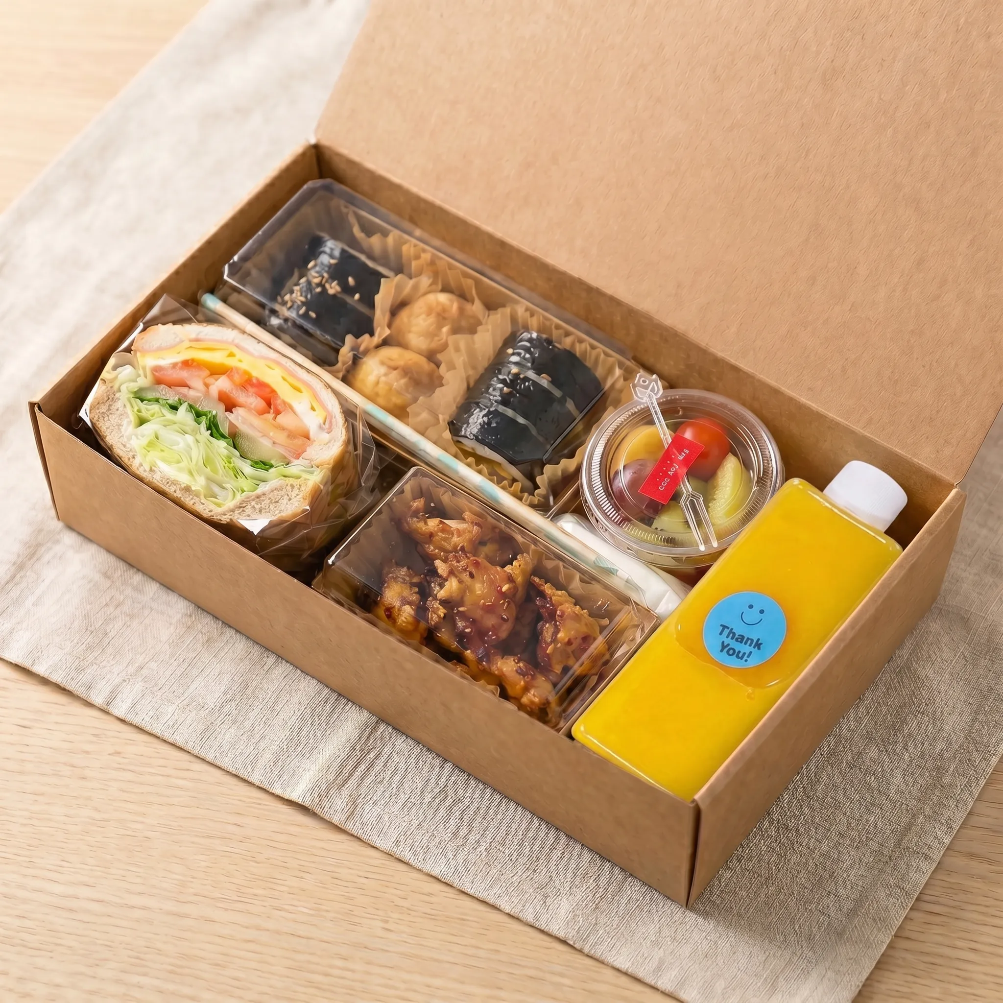 김밥+유부초밥+햄치즈샌드+닭강정+미니과일컵+보틀쥬스